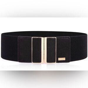 Mijiu Black Wide Hook Closure Faux Leather Elastic Belt